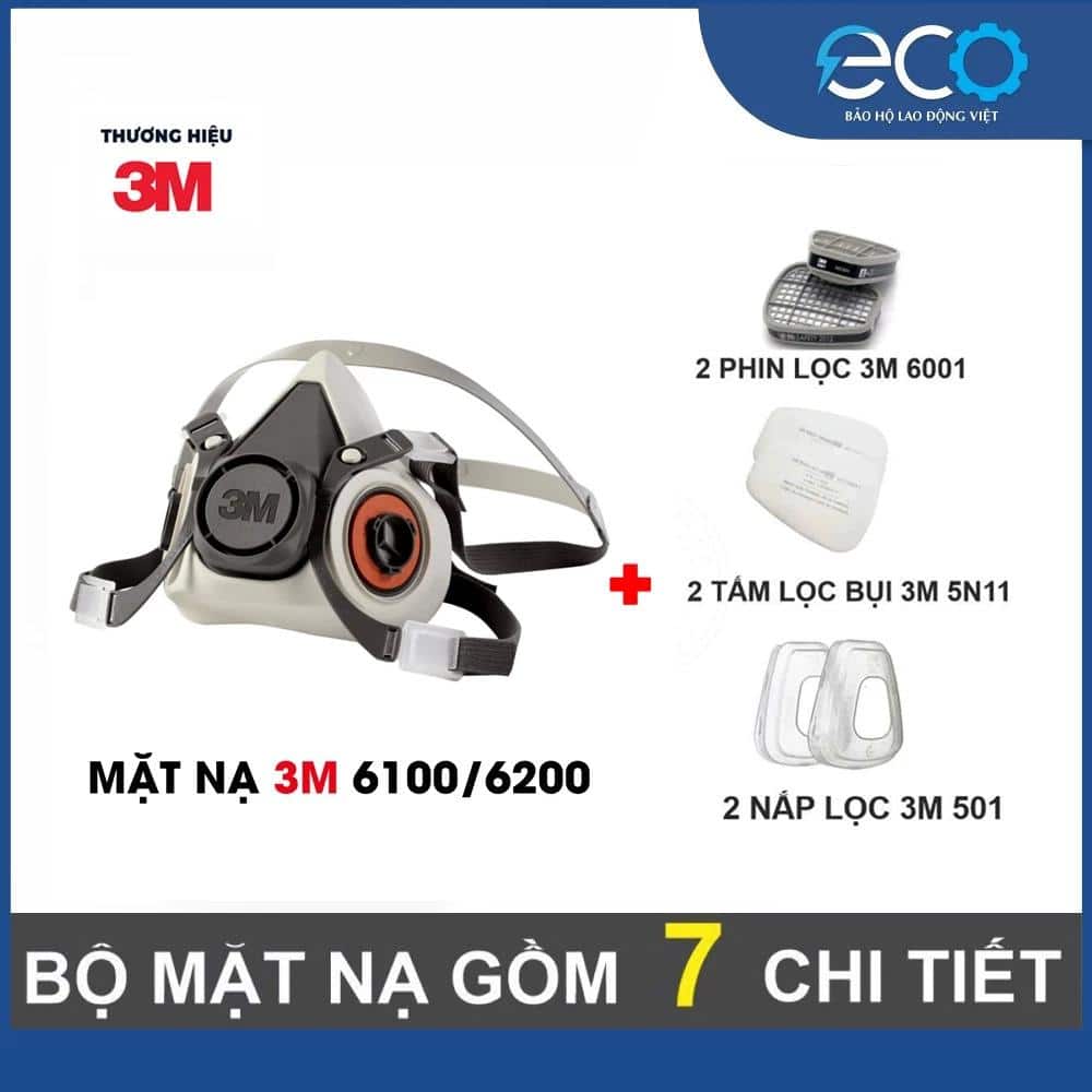 Mặt nạ phòng độc 3M 6100/ 6200 với phin lọc 6001 kết hợp tấm lọc bụi 5N11 cùng nắp giữ 501 phun thuốc sâu, phun sơn