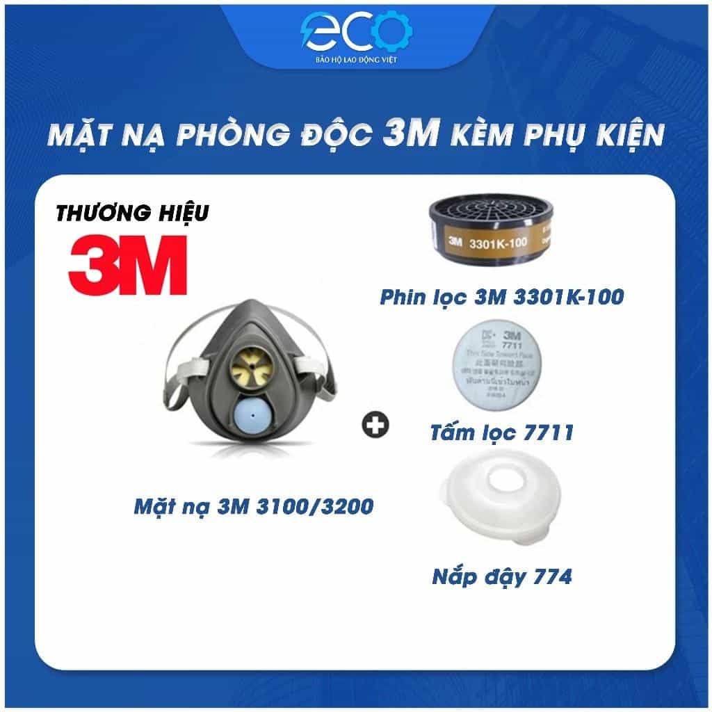 Bộ mặt nạ 3M 3100/3200 + Phin lọc 3301K-100 + Tấm lọc bụi 7711 + Nắp giữ 774 | Hàng chính hãng