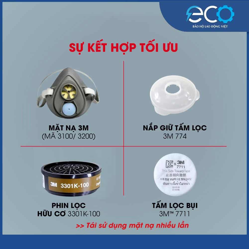 Bộ mặt nạ 3M 3100/3200 + Phin lọc 3301K-100 + Tấm lọc bụi 7711 + Nắp giữ 774 | Hàng chính hãng