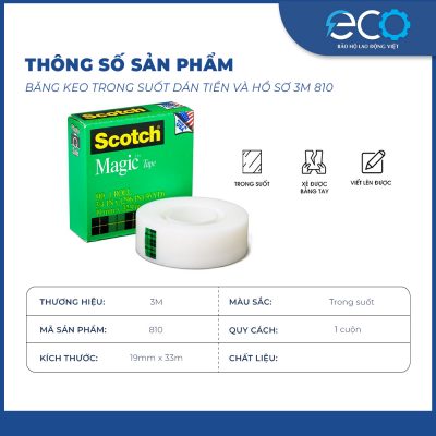 Băng keo trong suốt dán tiền và hồ sơ 3M 810 (19mm x 33m) siêu dính, viết lên được, xé được bằng tay