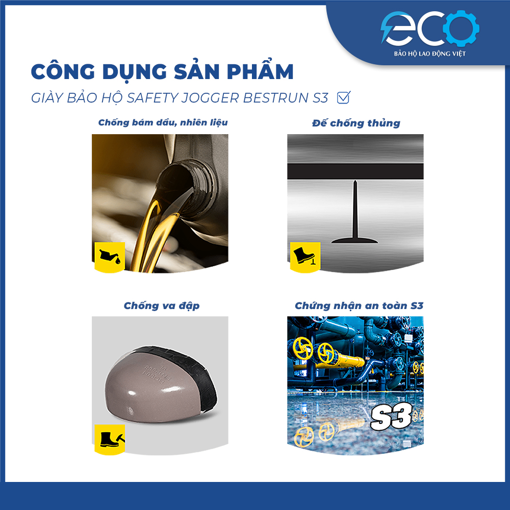 Giày bảo hộ Safety Jogger Bestrun S3 cổ thấp - chống đinh, chống trơn trượt, chống dầu, chống va đập Giày bảo hộ Safety Jogger Bestrun S3 cổ thấp - chống đinh, chống trơn trượt, chống dầu, chống va đập