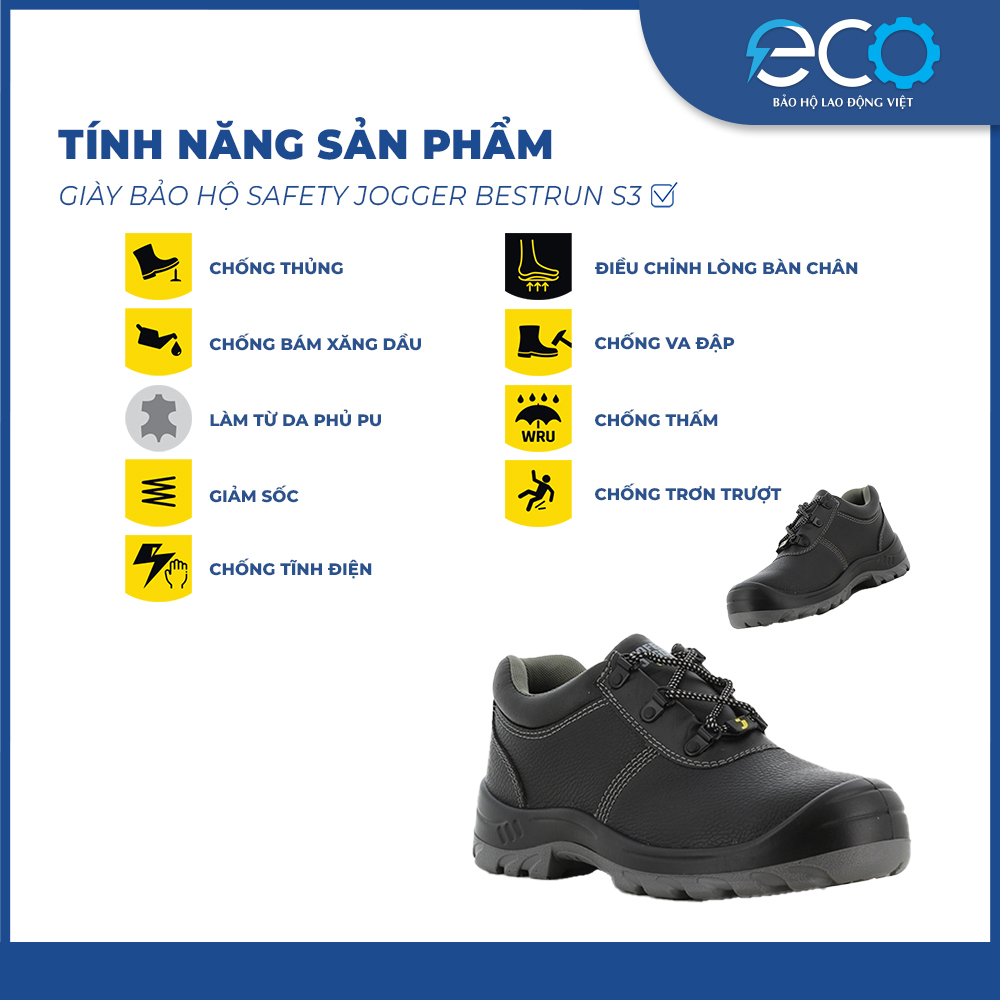Giày bảo hộ Safety Jogger Bestrun S3 cổ thấp - chống đinh, chống trơn trượt, chống dầu, chống va đập Giày bảo hộ Safety Jogger Bestrun S3 cổ thấp - chống đinh, chống trơn trượt, chống dầu, chống va đập