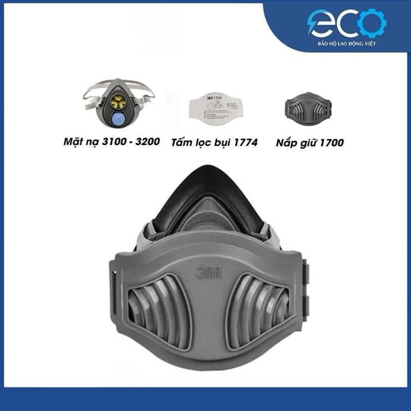 Mặt nạ phòng bụi 3M 3100/3200 kèm tấm lọc bụi 3M 1774 và nắp giữ tấm lọc bụi 3M 1700 Mặt nạ phòng bụi 3M 3100/3200 kèm tấm lọc bụi 3M 1774 và nắp giữ tấm lọc bụi 3M 1700