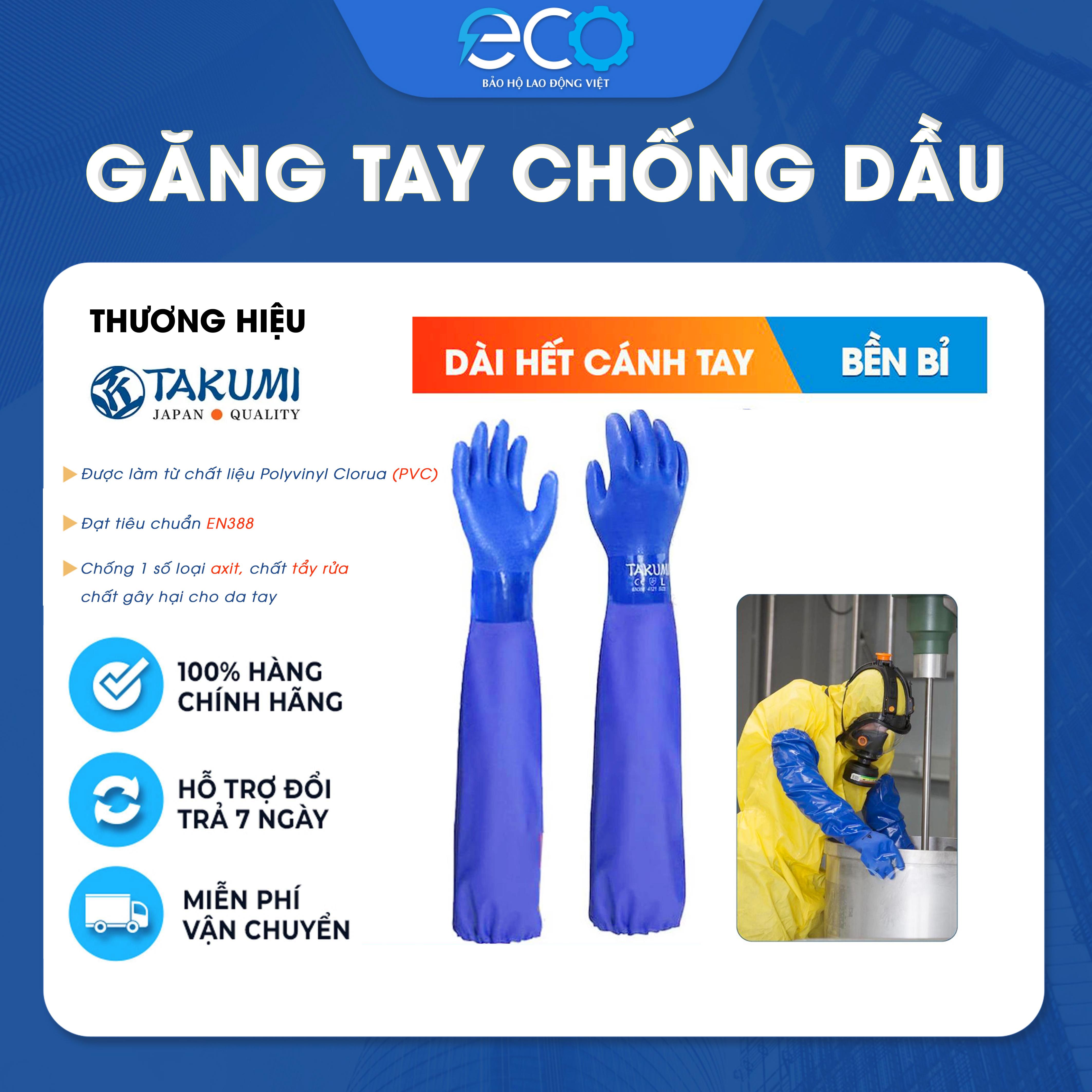 Găng tay chống hóa chất Takumi PVC600X găng tay chống axit - dầu nhớt - chất tẩy rửa - lót cotton thông thoáng, êm ái
