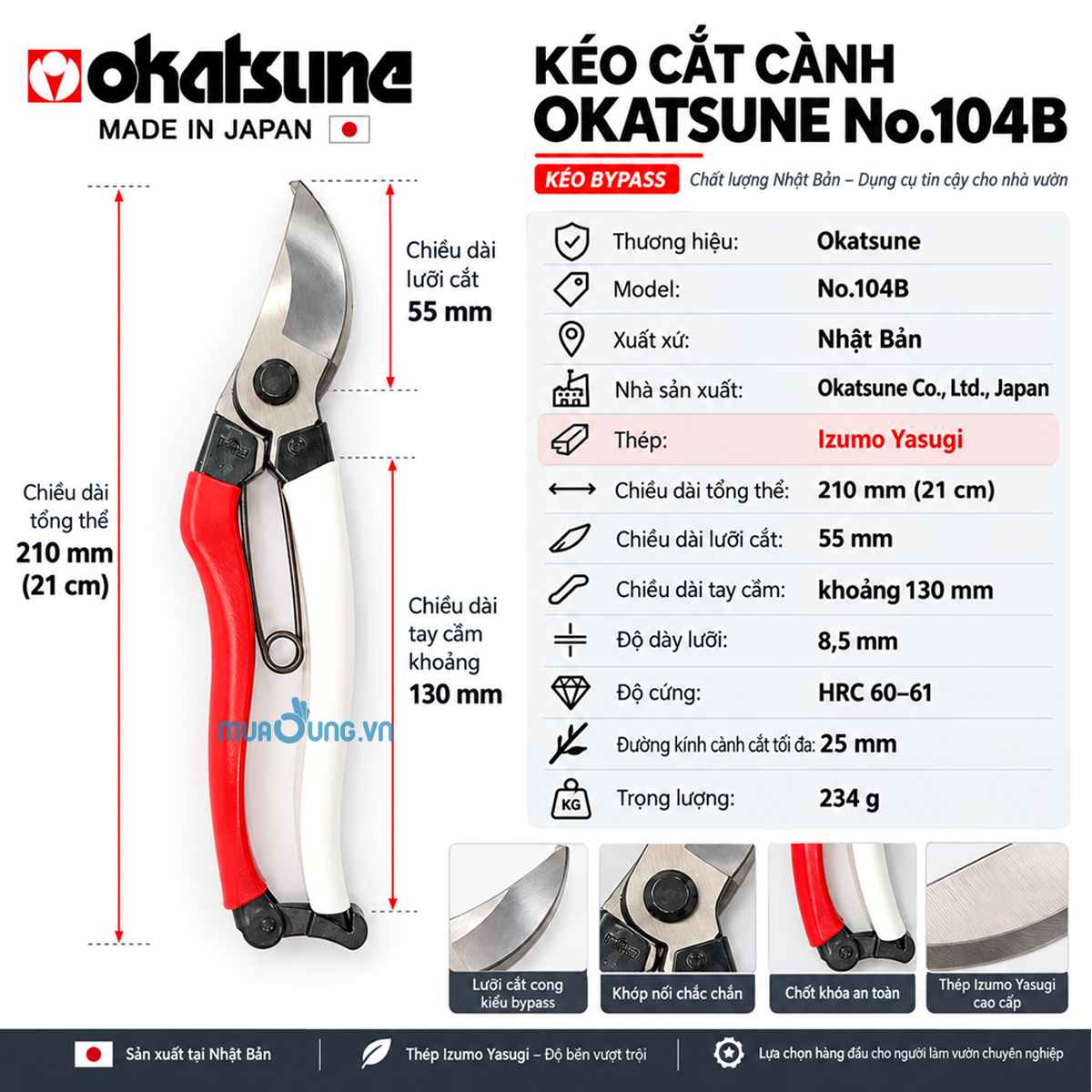 Kéo Cắt Cành Okatsune No.104B Nhật Bản 21cm – Thép Yasugi Cho Bàn Tay Lớn