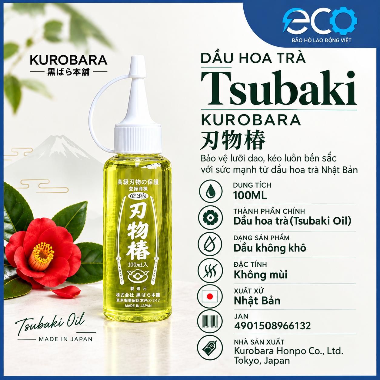 Dầu Hoa Trà KUROBARA Tsubaki Nhật Bản 100ml – Dầu Chống Gỉ, Bảo Dưỡng Dao Kéo Thép Carbon