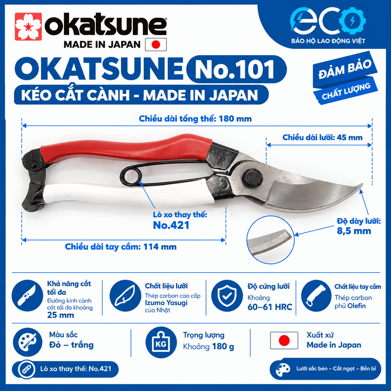 Kéo Cắt Cành Okatsune No.101 Nhật Bản 18cm – Thép Yasugi Cho Bàn Tay Nhỏ